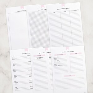 K&ouml;nnte beinhalten: Ein druckbares Renovierungsplanungsblatt mit Abschnitten f&uuml;r Projektzeichnungen, Ma&szlig;e, Kontakte, Upgrades und Renovierungspl&auml;ne. Das Blatt enth&auml;lt Platz f&uuml;r Projektdetails, Notizen und Aufgaben.