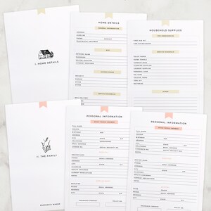 May include: Printable checklist for home details and family information. The checklist includes sections for home details, household supplies, personal information for adults and children, and medical and school information.