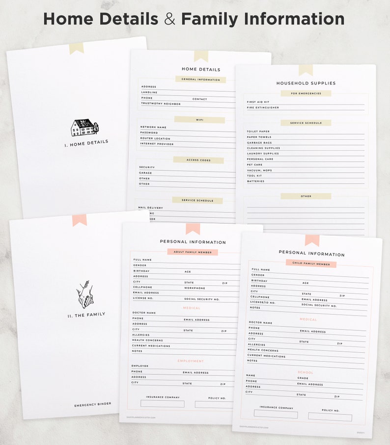 May include: Printable checklist for home details and family information. The checklist includes sections for home details, household supplies, personal information for adults and children, and medical and school information.