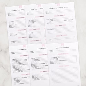 K&ouml;nnte beinhalten: Eine druckbare Checkliste f&uuml;r Hausk&auml;ufer, um Hausstatistiken und potenzielle Problemzeichen zu erfassen. Die Checkliste ist in Abschnitte f&uuml;r Konstruktion, Innenausstattung, Grundst&uuml;cksdetails, Fundament, Wasser/Schimmel, Sanit&auml;r und Elektrik unterteilt.