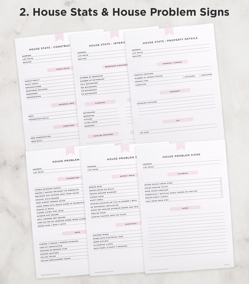 K&ouml;nnte beinhalten: Eine druckbare Checkliste f&uuml;r Hausk&auml;ufer, um Hausstatistiken und potenzielle Problemzeichen zu erfassen. Die Checkliste ist in Abschnitte f&uuml;r Konstruktion, Innenausstattung, Grundst&uuml;cksdetails, Fundament, Wasser/Schimmel, Sanit&auml;r und Elektrik unterteilt.