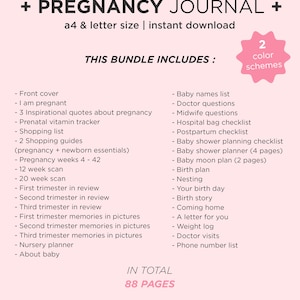 Op de afbeelding: Een printbare zwangerschapsdagboek-plannerset met 88 pagina's. Het roze en witte dagboek bevat secties voor babynamen, vragen aan de dokter, boodschappenlijstjes en meer. De tekst "Deze bundel bevat: 2 kleurenschema's" staat bovenaan de pagina.