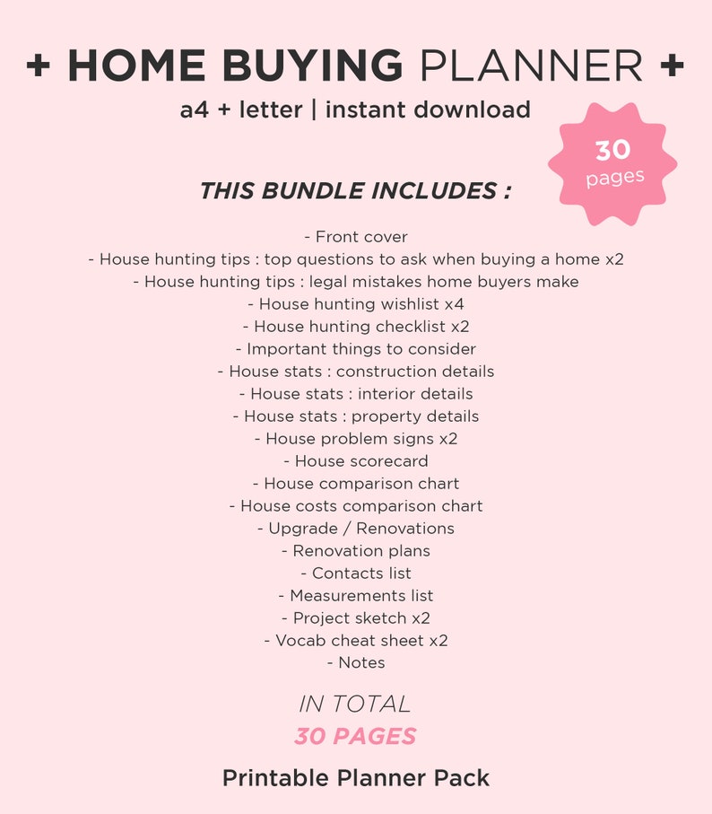 K&ouml;nnte beinhalten: Ein rosa-wei&szlig;es druckbares Planer-Paket f&uuml;r den Hauskauf. Der Planer enth&auml;lt 30 Seiten mit Checklisten, Tipps und Arbeitsbl&auml;ttern, die Ihnen helfen, Ihr Traumhaus zu finden. Der Text auf der Seite lautet "Home Buying Planner" und "This Bundle Includes:" gefolgt von einer Liste der Inhalte des Planers.