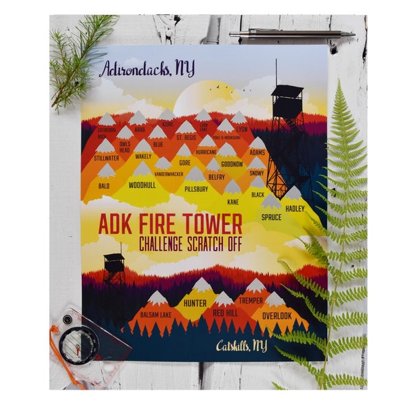 ADK Fire Tower/ Adirondack Mountains/ Scratch Off/ 5x7 or 11 x 14//W/WO Cooling Bandana/Made in USA/Hiking Supplies and Accessories