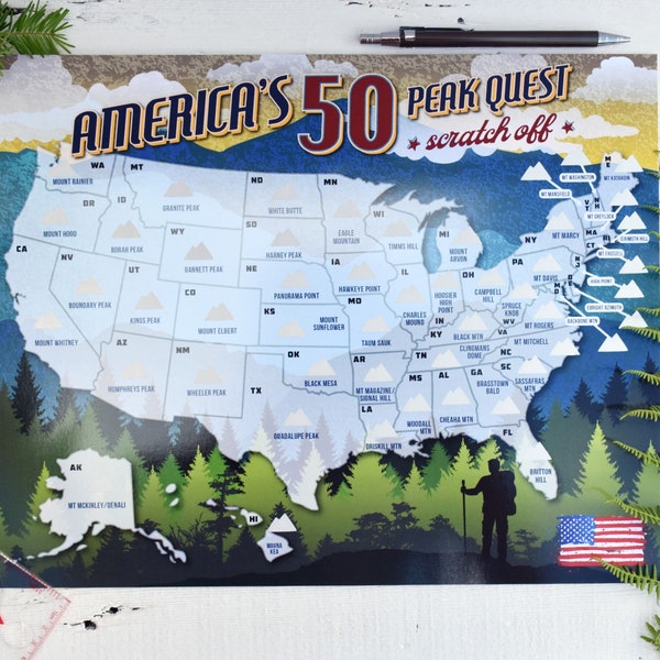 America's 50 State High Points Scratch Off/Hiking Supplies and Accessories/Hiking Challenge/Made in the USA/ 11x14 inches/W/WO Bandana