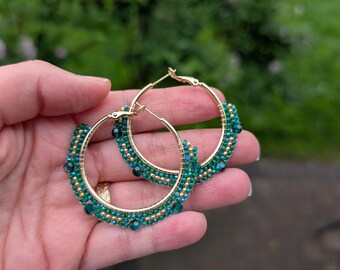Emerald and Gold Beaded Hoops