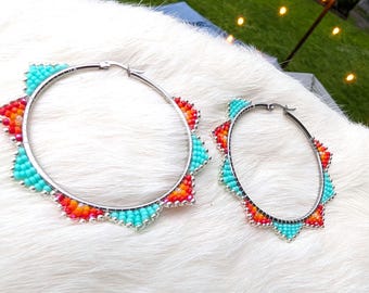 Sparkly Fire Ombre and Turquoise Beaded Hoops