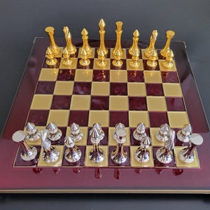 Modern Gold and Silver Brass Chess Set.
