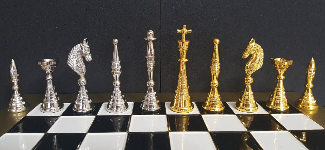 Modern Art Deco Solid Brass Chess Pieces Gold and Silver 32 Chess