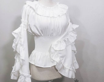 Limited Stock, Ren faire blouse, Plus Size Renaissance Blouse, Elegant Sleeve Blouse By NightWhisper- White Black and Beige