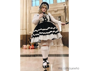 Ready to Ship, Black/Yellow/White/Blue, Classic Lolita Dress, Baby Doll Dress, Tiered Skirt Dress, Plus Size Dress