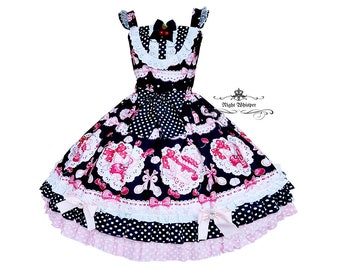 May include: A black and white polka dot dress with pink and white bows and cherries. The dress has a white lace trim and a pink ruffle at the bottom.