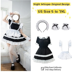 May include: A black and white maid costume set. The set includes a dress, apron, headband, wrist cuffs, and a skirt. The dress and skirt have ruffled trim. The text "Night Whisper Original Design" and "US Size S to 7XL" are visible.
