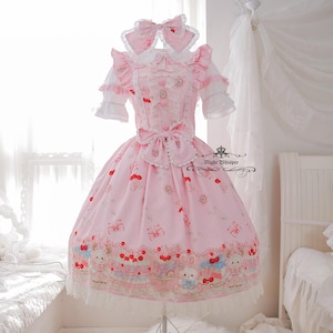 Fuzzy&#39;s Happy Cherry Cakenic (Bear and Bunny print), lolita dress, sweet lolita, kawaii dress