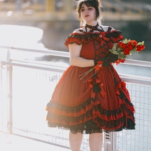 red bustle dress Victorian Bustle Burgundy Women's Dress Long Sleeve Ruffles Lace Vintage Inspired Long Sleeve Clothing Medieval Renaissance Festival Dress Carnival Dress