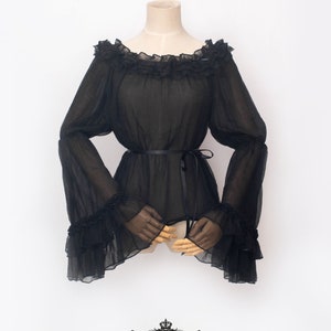Color Black Tiered Blouse, Tiered Sleeve, Off Shoulder, Lolita blouse, Chiffon Lace Blouse