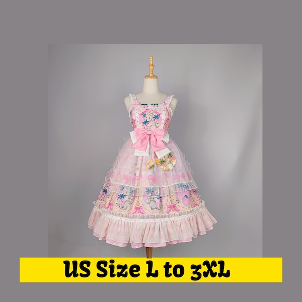 Strawberry Bunny Lolita Dress, Kawaii Dress, Strawberry Dress, Plus size lolita