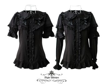 May include: Two black blouses with ruffled collars, cuffs, and hems. One has short sleeves, the other long. Both have bows and buttons down the front. The blouses are displayed on white mannequins. The text "Night Whisper" is at the bottom.