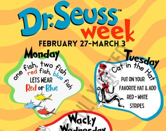 School Spirit Week Schedule, Reading Across America, School Pto, Elementary Kids, Printable Editable Canva Template, Dr Seuss Week