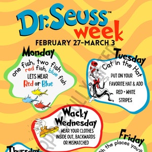 School Spirit Week Schedule, Reading Across America, School Pto, Elementary Kids, Printable Editable Canva Template, Dr Seuss Week
