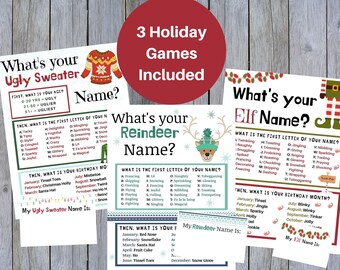 Christmas Game Bundle of 3 Whats Your Name Games to play at your next Christmas Party! Theses are Holiday Printable Games and fun for all!