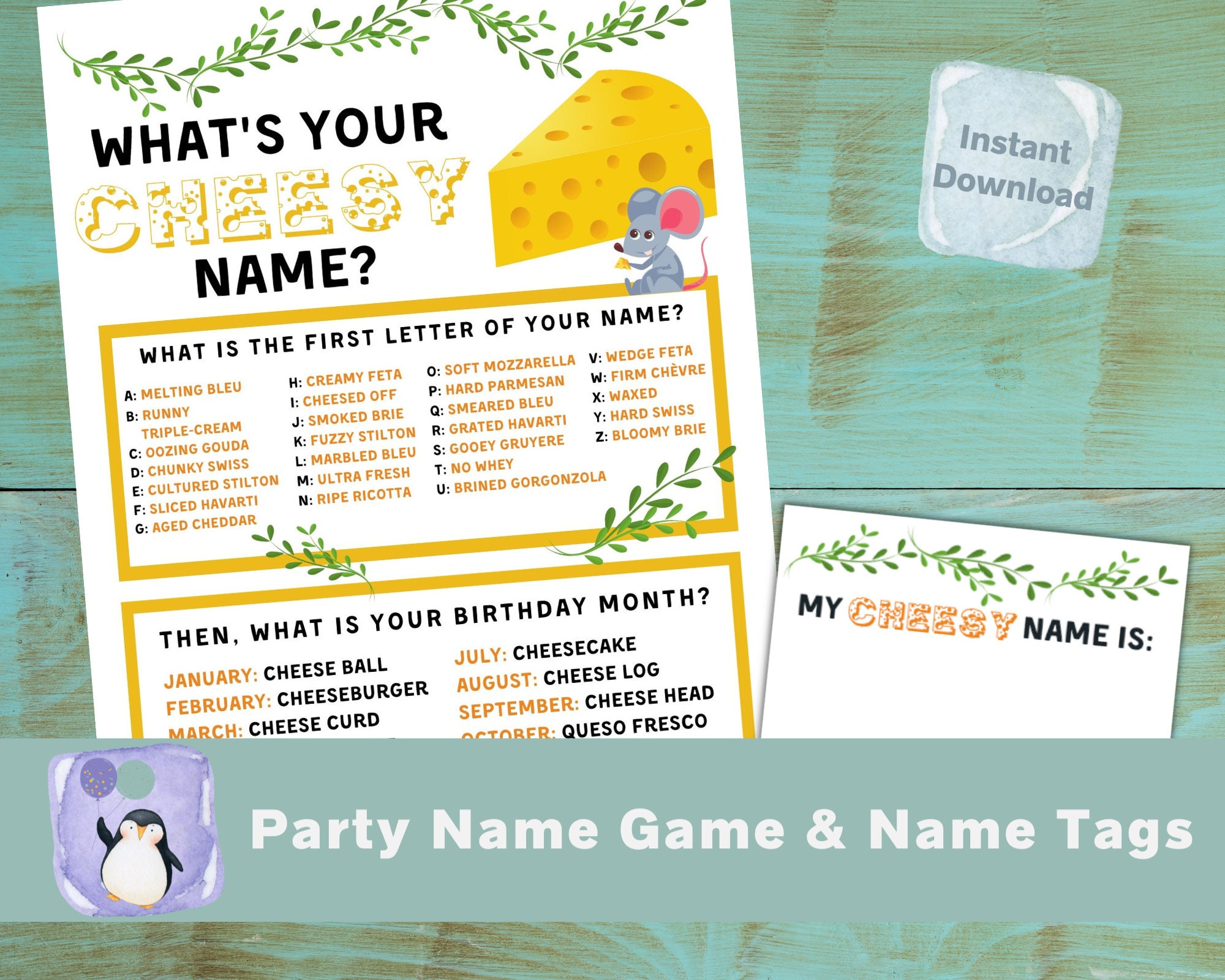  What's Your Cheese Name Game (1 Cheese Theme Sign and 30 Name  Tag Stickers), Cheese Game Party Decoration, Birthday Game for Kids, Family  Game-12 : GNATV: Home & Kitchen