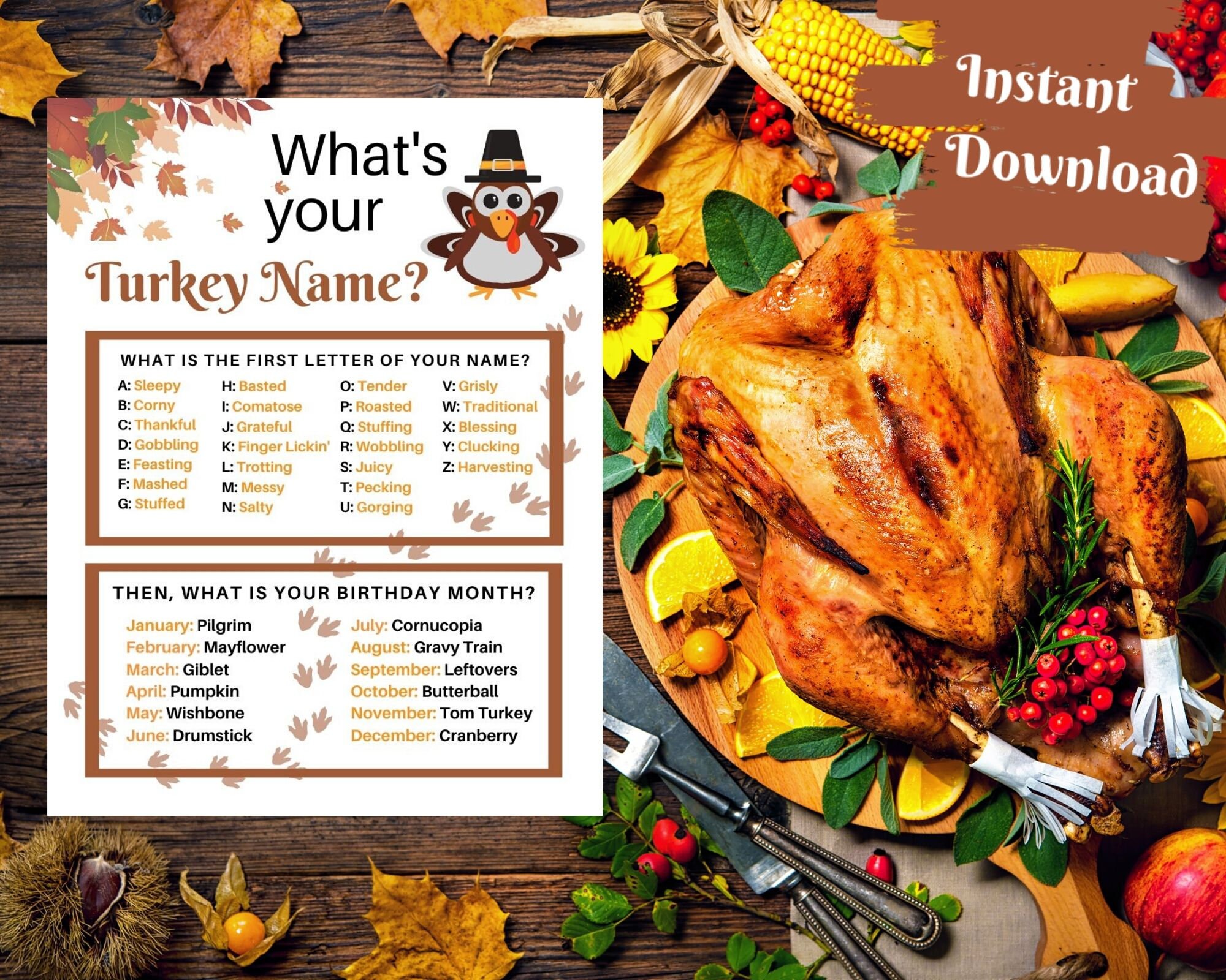 What's Your Turkey Name Game, 1 Turkey Theme Sign and 30 Name Tag Stickers,  Thanksgiving Games and Activities, Birthday Game for Boys Girls and Adult