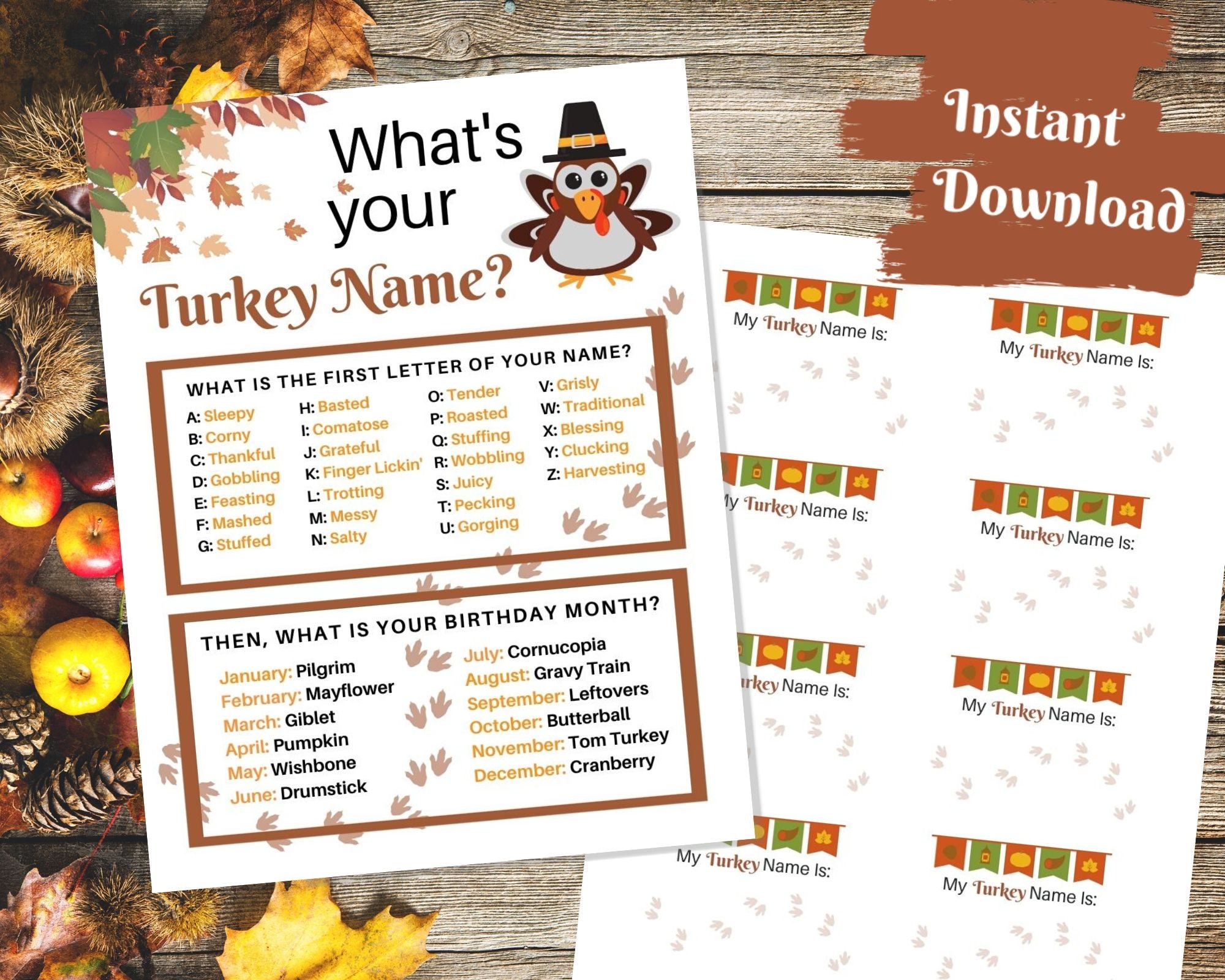 What's Your Turkey Name Game, 1 Turkey Theme Sign and 30 Name Tag Stickers,  Thanksgiving Games and Activities, Birthday Game for Boys Girls and Adult