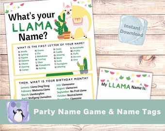 May include: A printable party game with a llama illustration. The game asks players to determine their llama name based on the first letter of their name and their birth month. The game includes a name tag template that says "My Llama Name Is:"