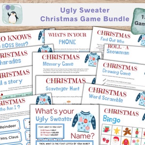 Juegos de suéteres navideños feos / Paquete de 13 juegos / Juegos de fiesta de Navidad para niños / Juegos de fiesta navideña de oficina / Fiesta imprimible