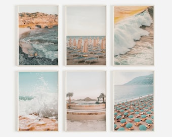 Sunset Beach Set, Beach Print Set of 6, Pastel Beach Prints, Ocean Prints, Wall Art Prints, Coastal Printable, Surf Print, Printable Art