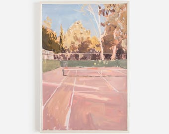 Pink Country Club Tennis Court Print, Vintage Sports Poster, Mid Century Illustration, Tennis Aesthetic, Pastel Tennis Decor, Trendy Tennis