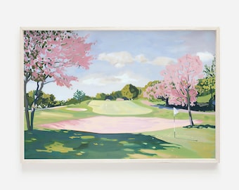 Girly Golf Course Wall Art, Pink Hue Country Club, Retro Oil Painting Print, Pink Golf Course Decor, Feminine Golf Poster, Golf Digital Art