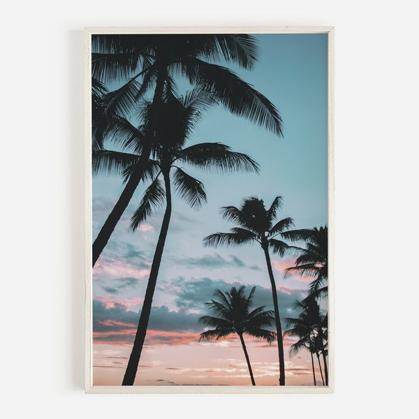 Sunset Palm Trees, Pastel Wall Art, Beach Sunset Photo, Palm Tree Silhouettes, Tropical Print, Downloadable Print