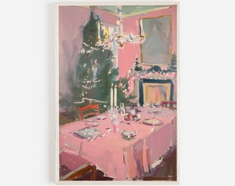 Holiday Table Setting Wall Art, Pink Victorian Home, Vintage Style Art, Pink Christmas Poster, Table Set for Dinner, Girly Pink Aesthetic