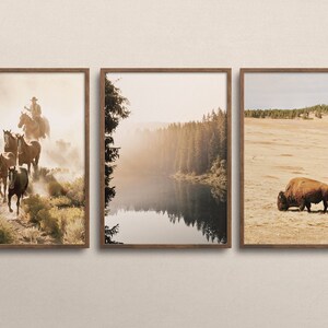 Op de afbeelding: Set van drie ingelijste kunstprints. Een cowboy te paard, een mistig meer omringd door bomen en een grazende bizon. De bruine lijsten en de vintage stijl van de afbeeldingen cre&euml;ren een rustieke sfeer.