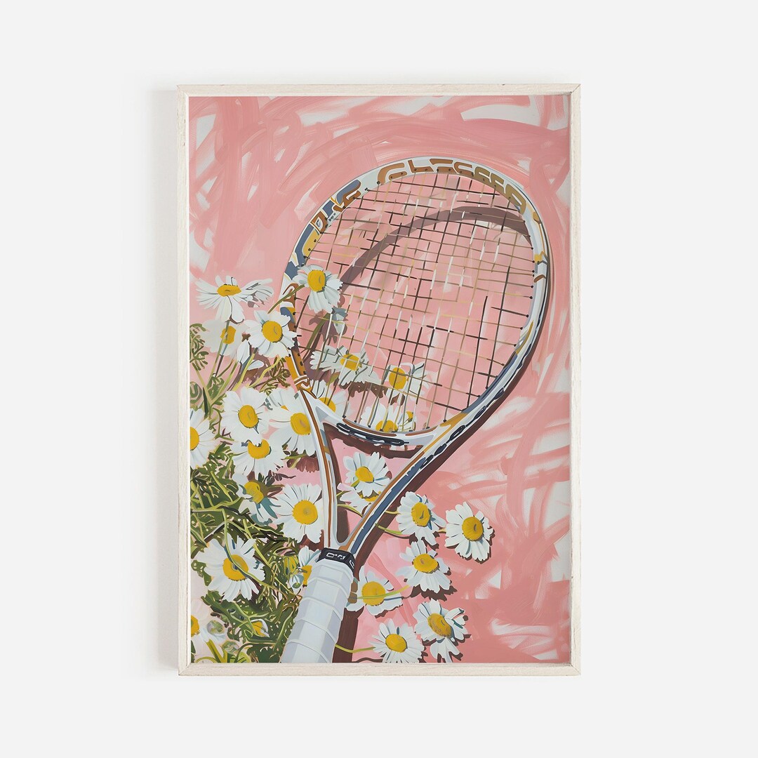 Vintage Pink Tennis Racket Print, Retro Floral Decor, Girly Tennis ...