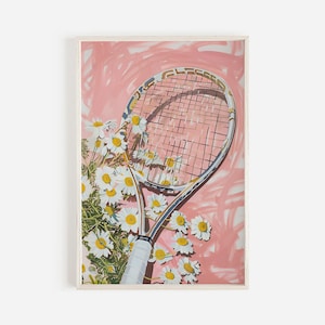 Vintage Pink Tennis Racket Print, Retro Floral Decor, Girly Tennis Decor, Sports Illustration, Daisy Tennis Racket Poster, Pink Tennis Art