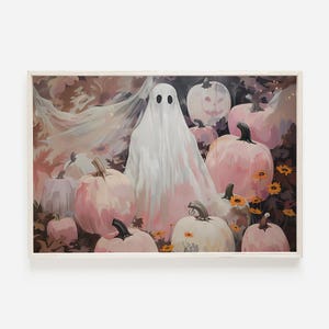Pumpkin Ghost Painting, Vintage Halloween Art, Pastel Ghost Printable Art, Girly Spooky Dorm Art, Pink Apartment Decor, Vintage Aesthetic