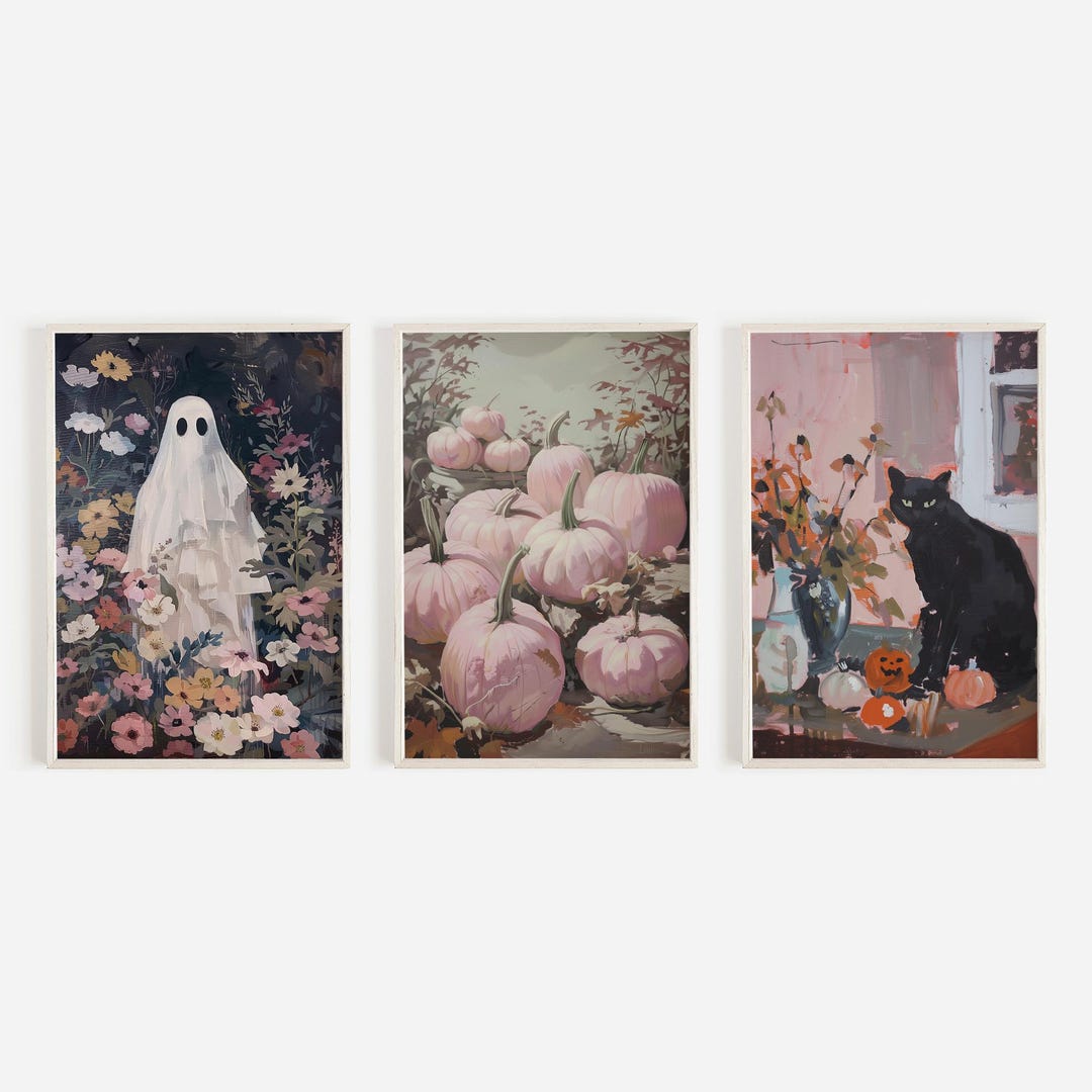 Pastel Halloween Print Set of 3, Girly Fall Decor, Black Cat Poster ...