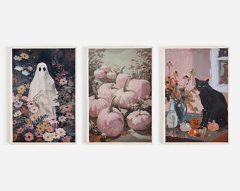 Pastel Halloween Print Set of 3, Girly Fall Decor, Black Cat Poster, Ghost In Flower Garden Print, Pink Pumpkins Wall Art, Trendy Ghost Art