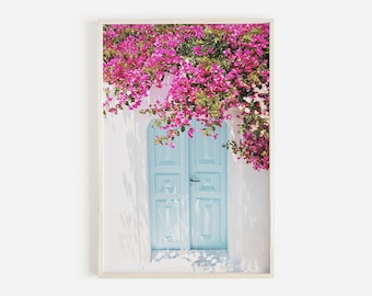 Blue Door With Bougainvillea Flowers, Greece Architecture, Bougainvillea Photo, Greek Floral Door Wall Art, Blue Door Digital Print