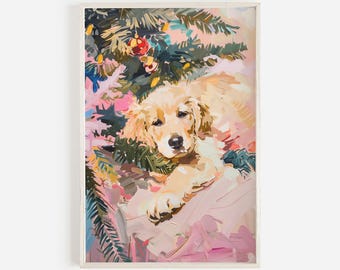 Puppy Under Christmas Tree Print, Golden Retriever Puppy, Pink Christmas Aesthetic, Girly Holiday Decor, Puppy Gift Printable, Vintage Style