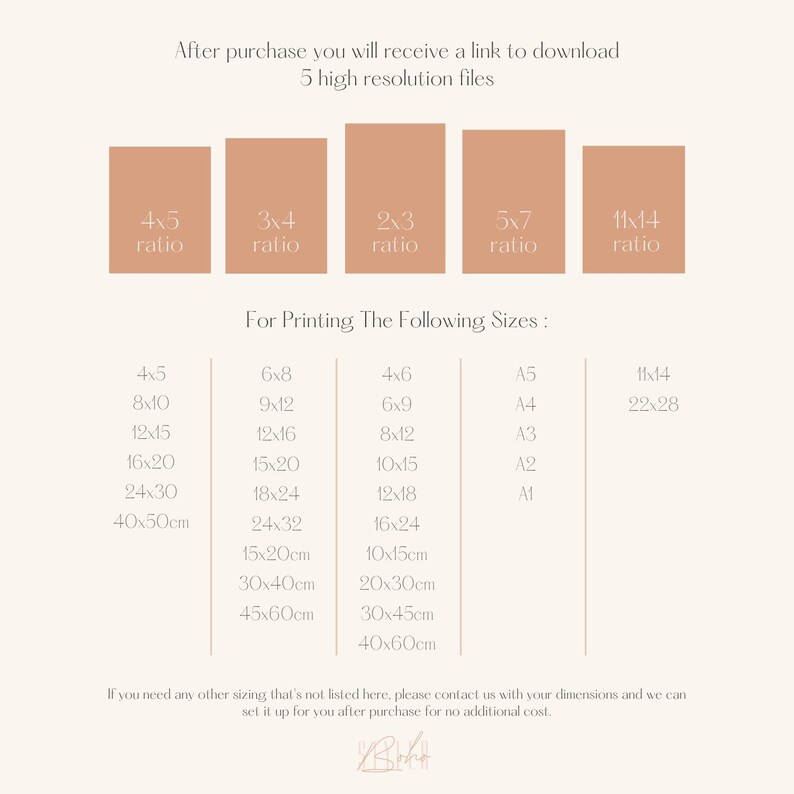 May include: A chart showing different aspect ratios and corresponding print sizes in inches and centimeters. The chart is titled "For Printing The Following Sizes:" and includes standard paper sizes like A5, A4, A3, A2, and A1.