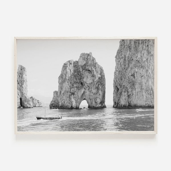 Italy Photography in Black and White, Capri Italy Printable, Faraglioni Rock, Amalfi Coast Download, Capri Digital Print, Italian Coast Art