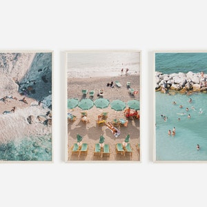 Teal Ocean Print Set, Beach Print Set of 3, Beach Umbrellas Wall Art, People Swimming in Ocean, Sun Tanning Photo, Greece Coastal Print Set