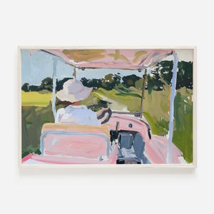 ゴルフカートを運転する女の子のプリント、1960年代のゴルフの絵画、ヴィンテージゴルフの装飾、ピンクのゴルフの美学、カントリークラブのポスター、ピンクのゴルフカートのデジタルアート