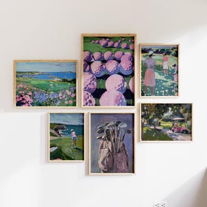 Zestaw 6 wydruków pastelowych Golf, kobiecy zestaw ścienny do galerii golfa, estetyka pastelowego golfa, sceneria pola golfowego, fioletowa torba golfowa, obraz wózka golfowego