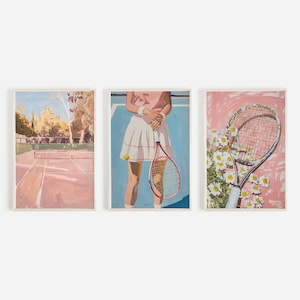 Mid Century Girly Tennis Print Set, Retro Sports Illustrations, Set of 3 Prints, Pinks And Blues, Tennis Racket Art, Pastel Tennis Aesthetic