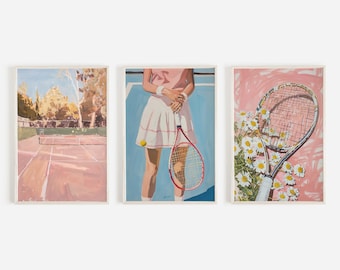 Mid Century Girly Tennis Print Set, Retro Sports Illustrations, Set of 3 Prints, Pinks And Blues, Tennis Racket Art, Pastel Tennis Aesthetic